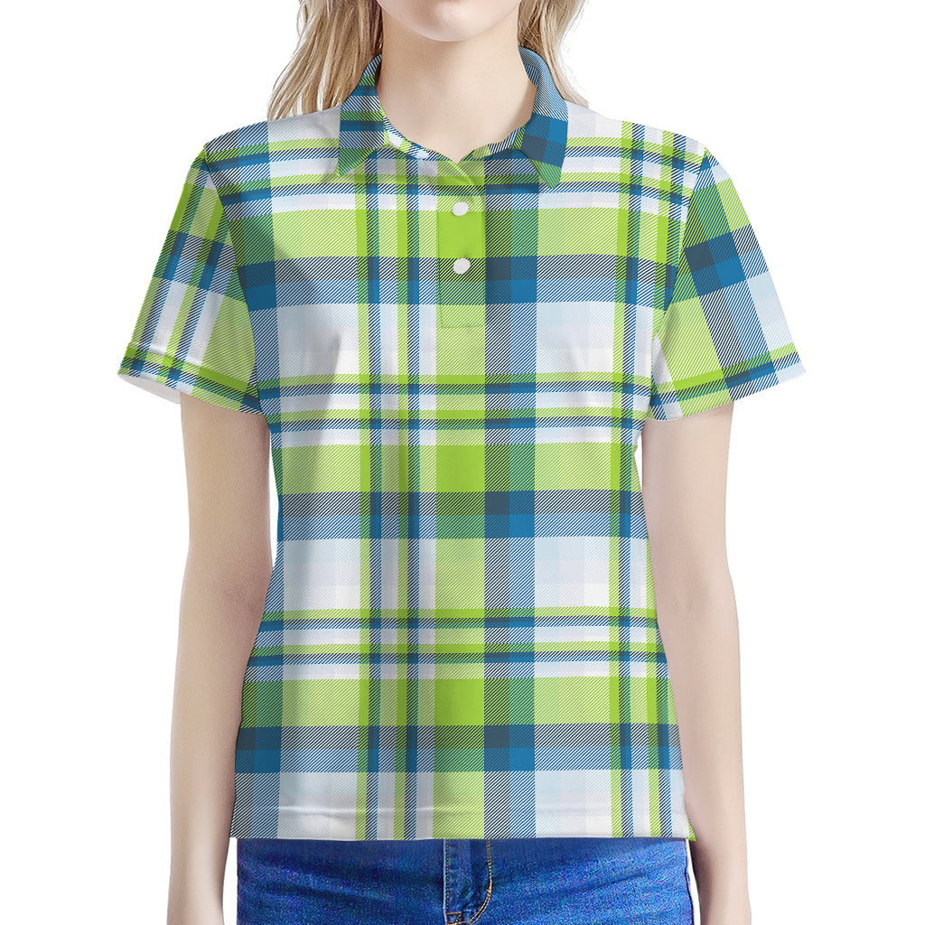 Lime And Blue Madras Plaid Print Women's Polo Shirt