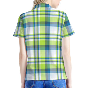 Lime And Blue Madras Plaid Print Women's Polo Shirt