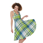 Lime And Blue Madras Plaid Print Women's Sleeveless Dress