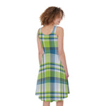 Lime And Blue Madras Plaid Print Women's Sleeveless Dress