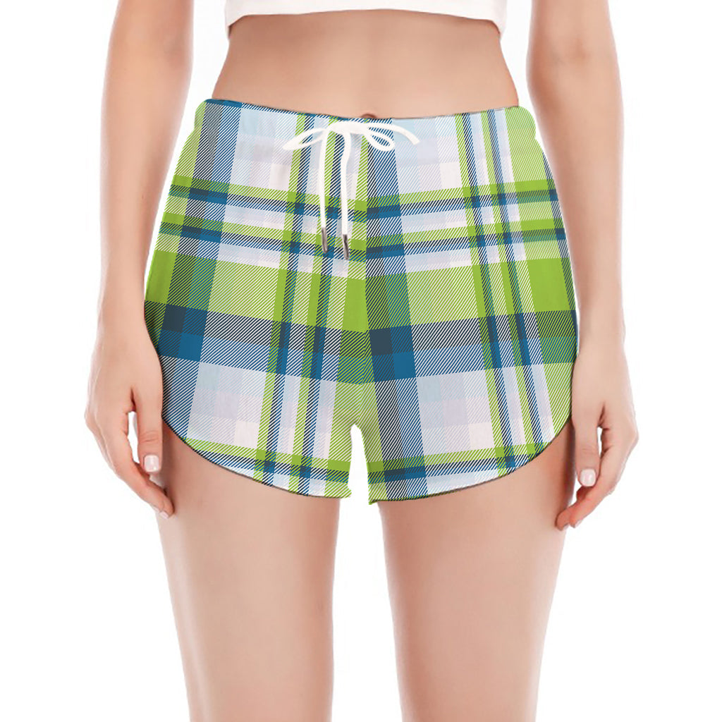 Lime And Blue Madras Plaid Print Women's Split Running Shorts