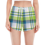 Lime And Blue Madras Plaid Print Women's Split Running Shorts