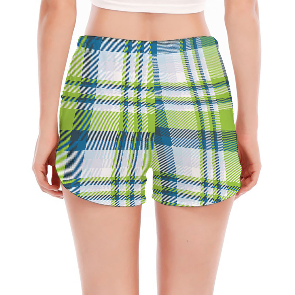 Lime And Blue Madras Plaid Print Women's Split Running Shorts