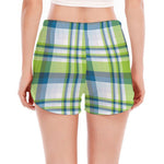 Lime And Blue Madras Plaid Print Women's Split Running Shorts