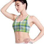 Lime And Blue Madras Plaid Print Women's Sports Bra