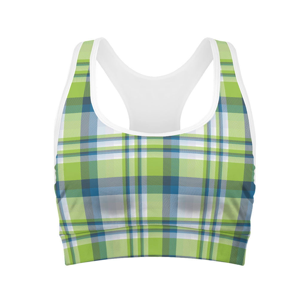 Lime And Blue Madras Plaid Print Women's Sports Bra