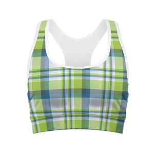 Lime And Blue Madras Plaid Print Women's Sports Bra