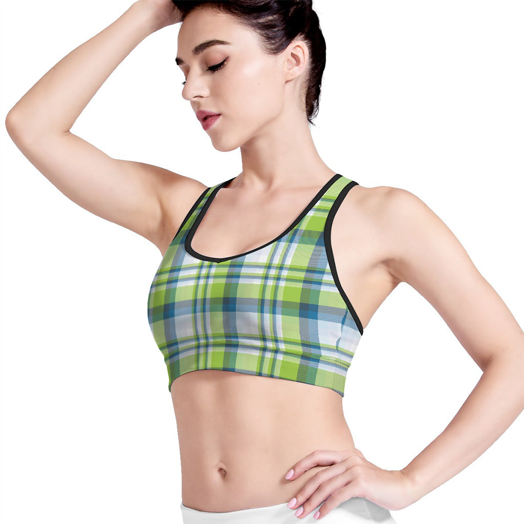 Lime And Blue Madras Plaid Print Women's Sports Bra