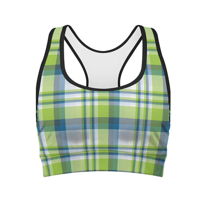 Lime And Blue Madras Plaid Print Women's Sports Bra