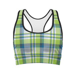 Lime And Blue Madras Plaid Print Women's Sports Bra