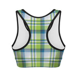 Lime And Blue Madras Plaid Print Women's Sports Bra