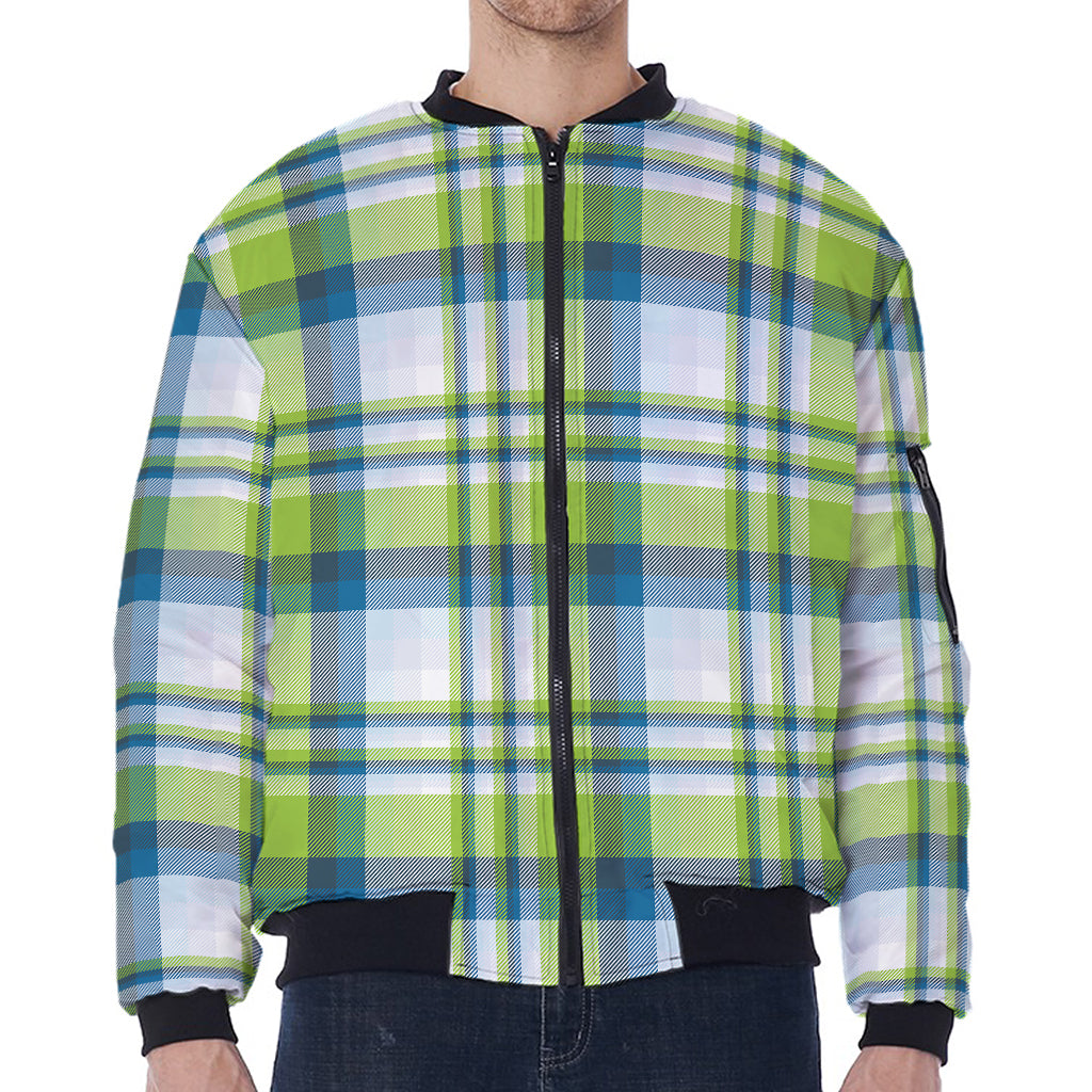 Lime And Blue Madras Plaid Print Zip Sleeve Bomber Jacket