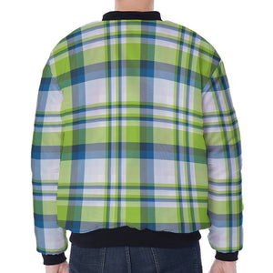 Lime And Blue Madras Plaid Print Zip Sleeve Bomber Jacket