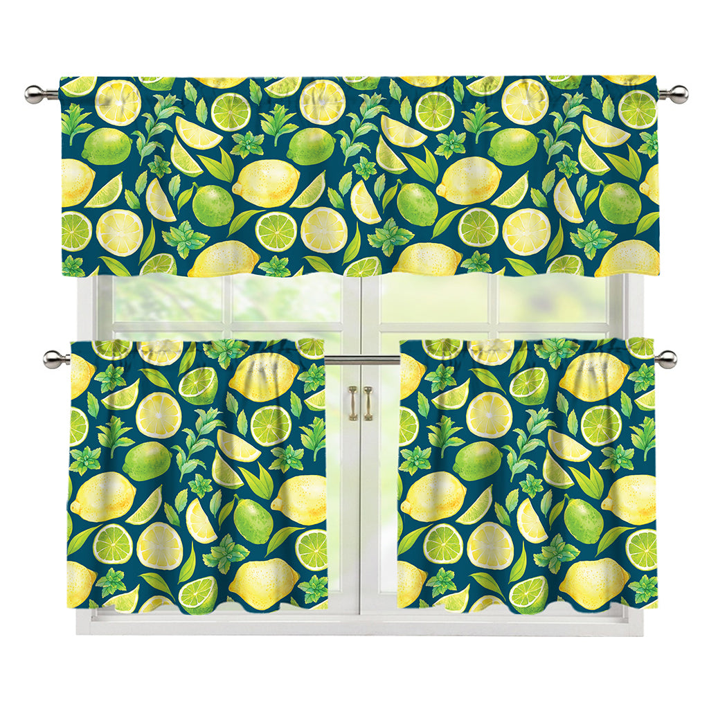 Lime And Lemon Pattern Print 3 Piece Kitchen Curtains