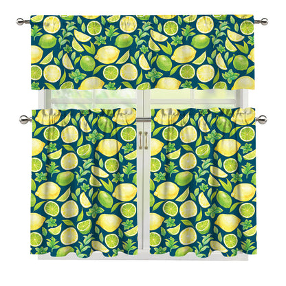 Lime And Lemon Pattern Print 3 Piece Kitchen Curtains
