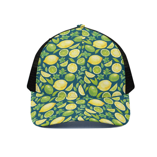 Lime And Lemon Pattern Print Black Mesh Trucker Cap