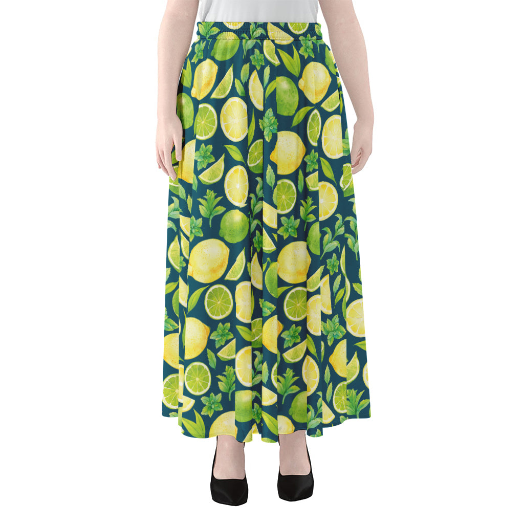 Lime And Lemon Pattern Print Chiffon Maxi Skirt