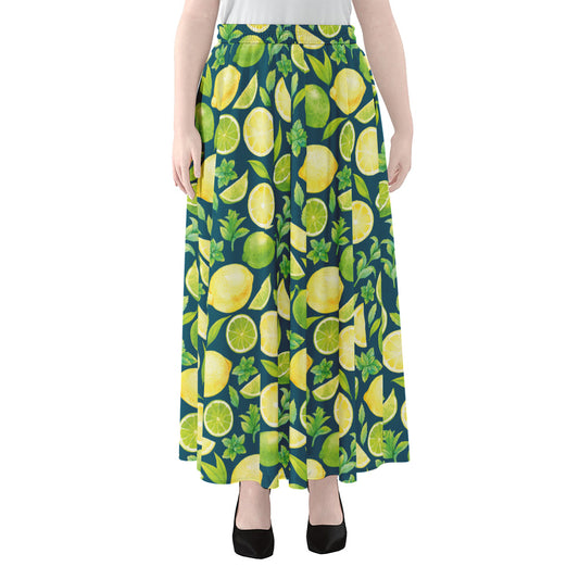 Lime And Lemon Pattern Print Chiffon Maxi Skirt