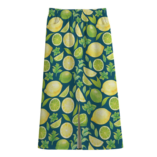 Lime And Lemon Pattern Print Cotton Front Slit Maxi Skirt