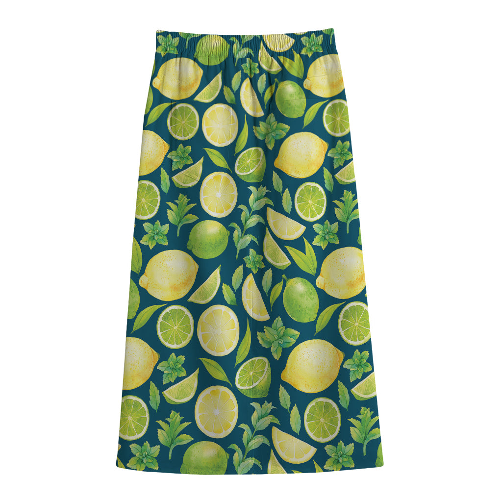 Lime And Lemon Pattern Print Cotton Front Slit Maxi Skirt