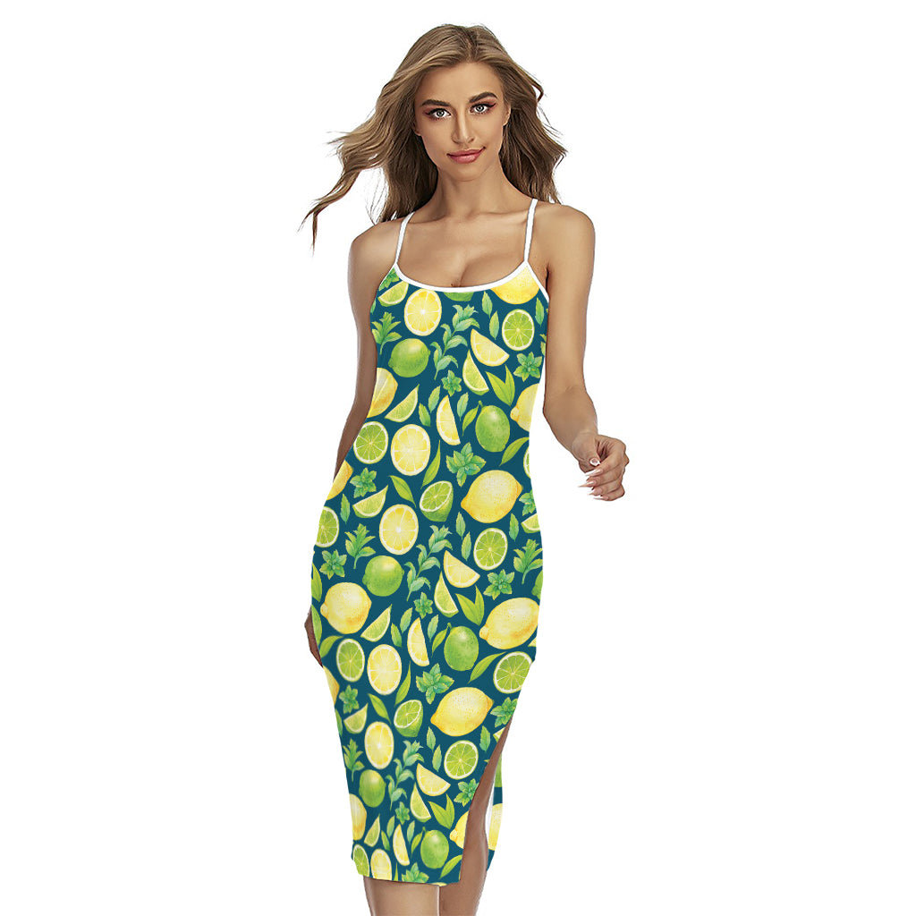 Lime And Lemon Pattern Print Cross Back Cami Dress