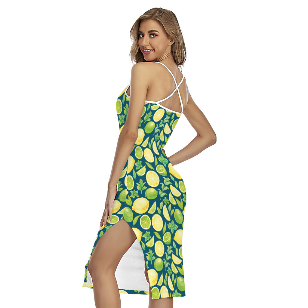 Lime And Lemon Pattern Print Cross Back Cami Dress