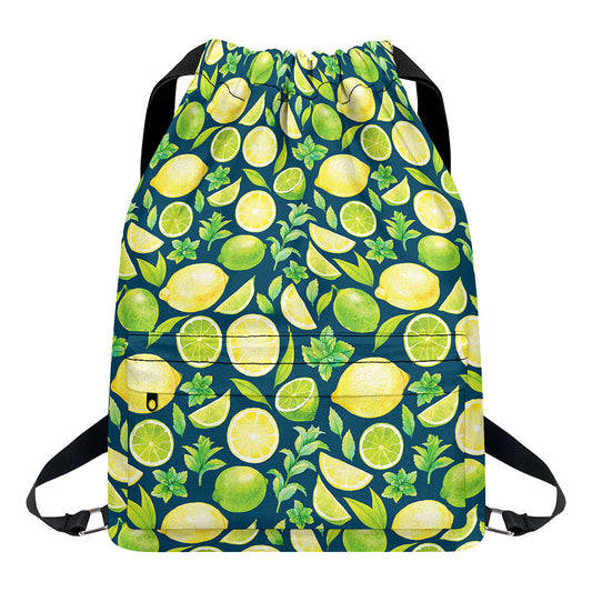 Lime And Lemon Pattern Print Drawstring Backpack