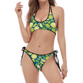 Lime And Lemon Pattern Print Halter Scoop Tie Side Bikini