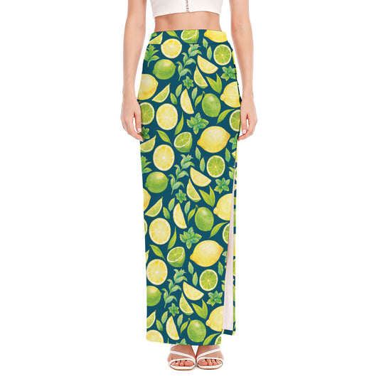 Lime And Lemon Pattern Print High Slit Maxi Skirt