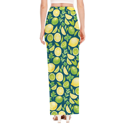 Lime And Lemon Pattern Print High Slit Maxi Skirt