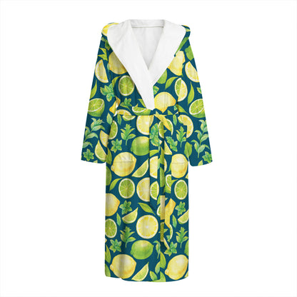 Lime And Lemon Pattern Print Hooded Bathrobe