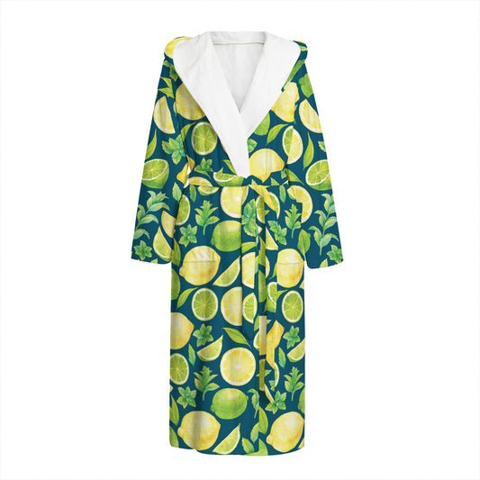 Lime And Lemon Pattern Print Hooded Bathrobe