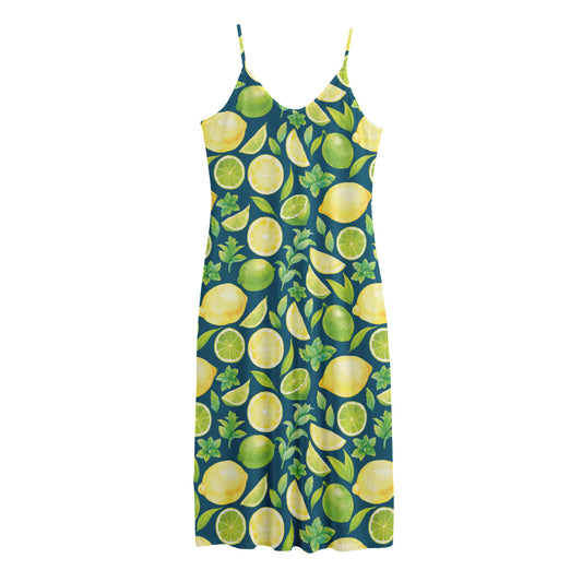 Lime And Lemon Pattern Print Jersey Midi Cami Dress