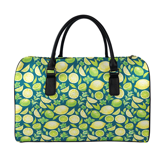 Lime And Lemon Pattern Print Leather Duffle Bag