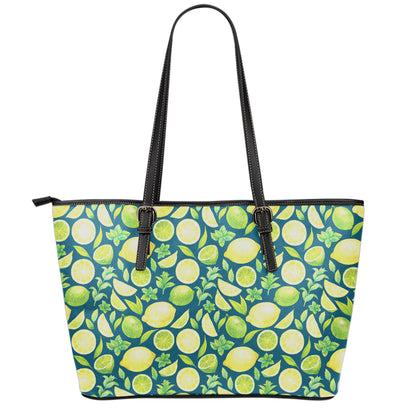 Lime And Lemon Pattern Print Leather Tote Bag