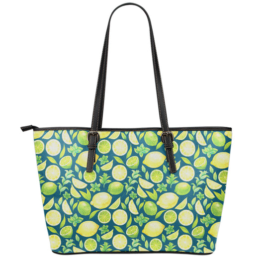 Lime And Lemon Pattern Print Leather Tote Bag