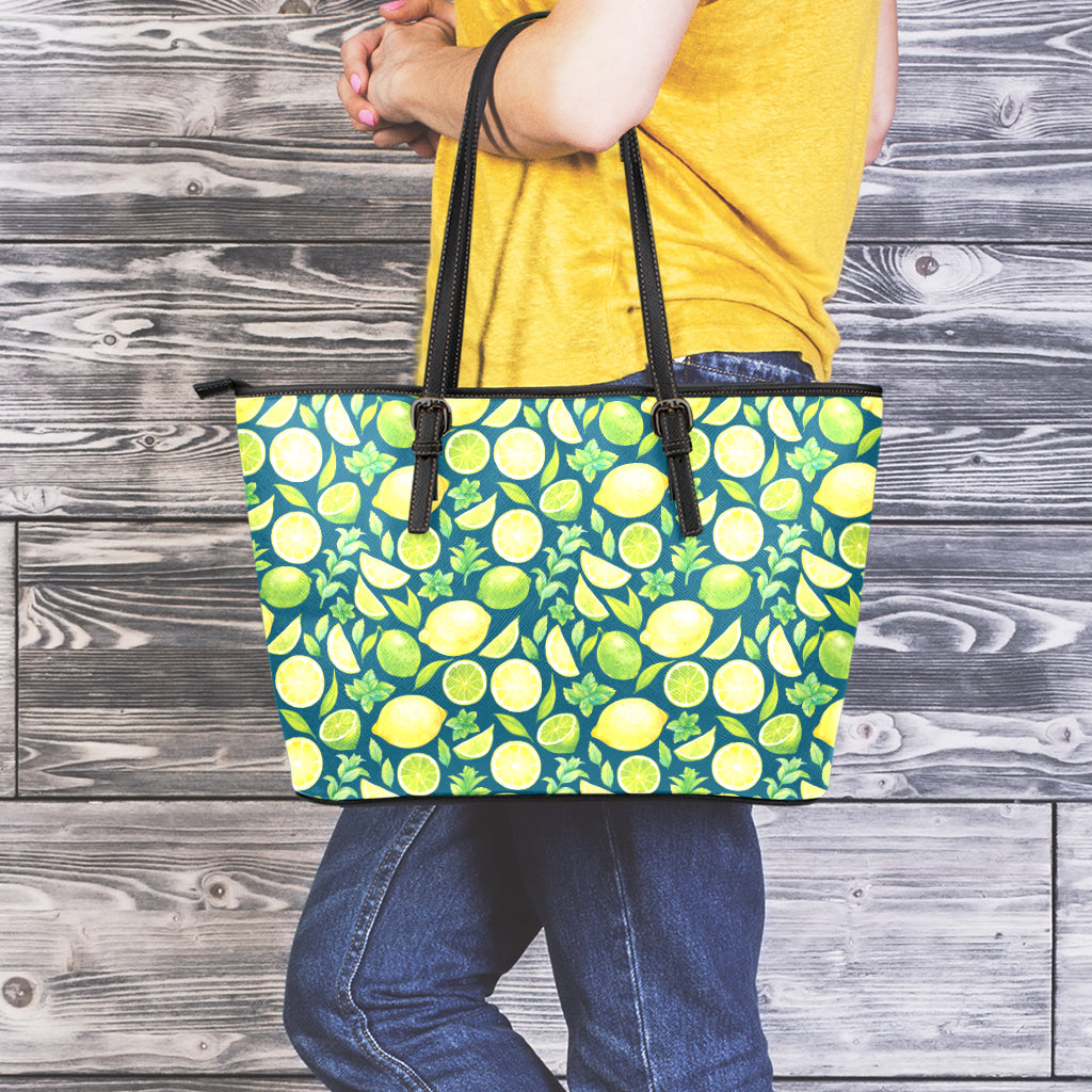 Lime And Lemon Pattern Print Leather Tote Bag