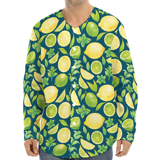 Lime And Lemon Pattern Print Long Sleeve Baseball Jersey