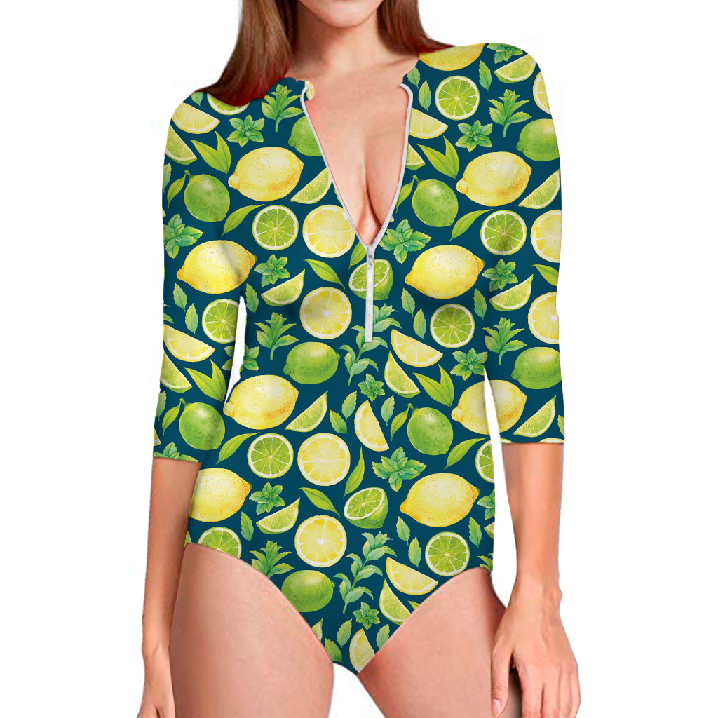 Lime And Lemon Pattern Print Long Sleeve Swimsuit