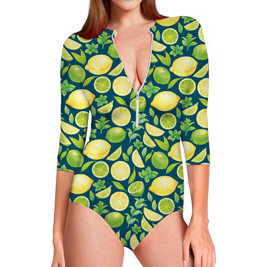 Lime And Lemon Pattern Print Long Sleeve Swimsuit