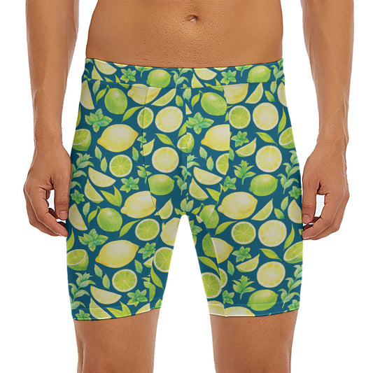 Lime And Lemon Pattern Print Men's Long Boxer Briefs