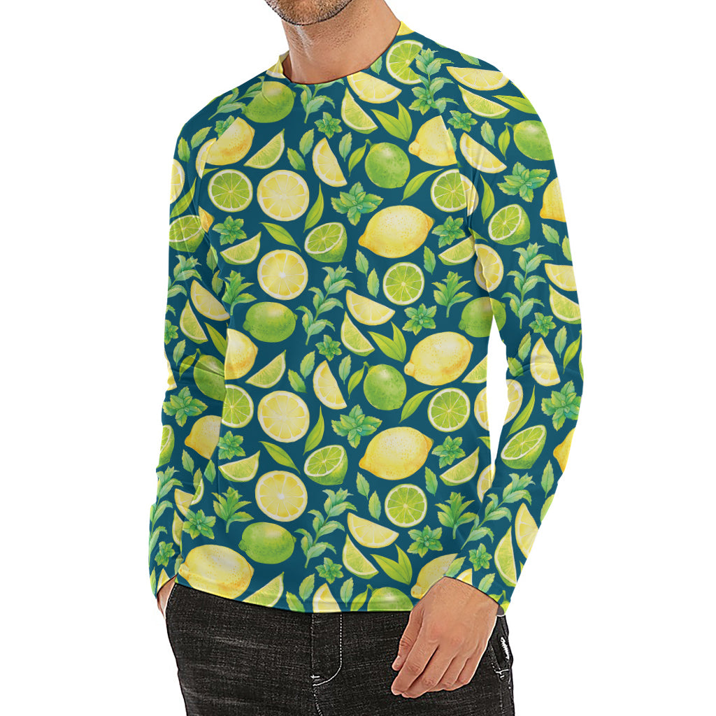 Lime And Lemon Pattern Print Men's Long Sleeve Rash Guard
