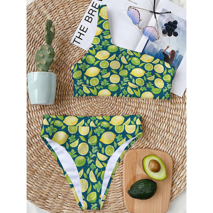 Lime And Lemon Pattern Print One Shoulder Bikini Top