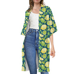 Lime And Lemon Pattern Print Open Front Beach Cover Up