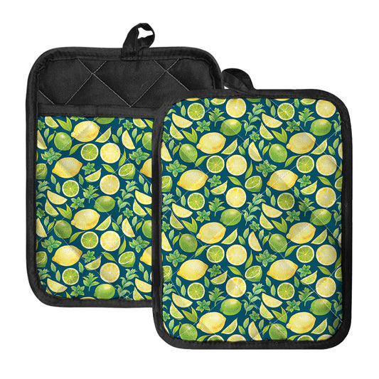 Lime And Lemon Pattern Print Pot Holders With Pocket