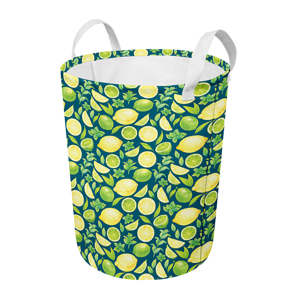 Lime And Lemon Pattern Print Round Laundry Basket