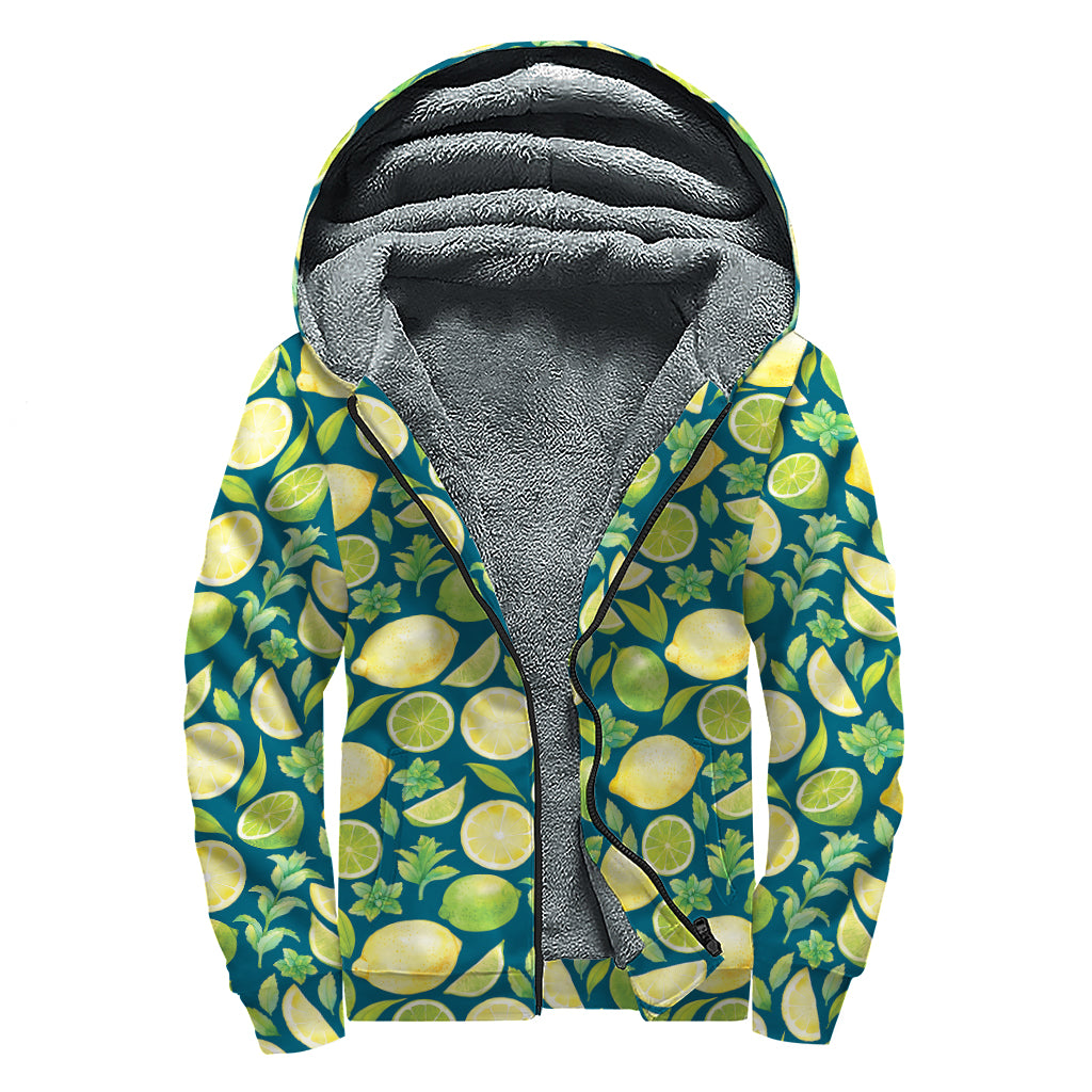 Lime And Lemon Pattern Print Sherpa Lined Zip Up Hoodie