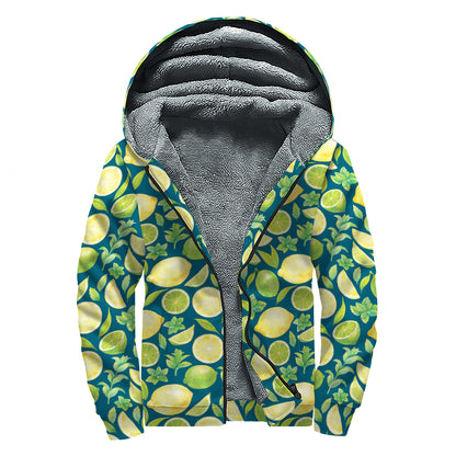 Lime And Lemon Pattern Print Sherpa Lined Zip Up Hoodie