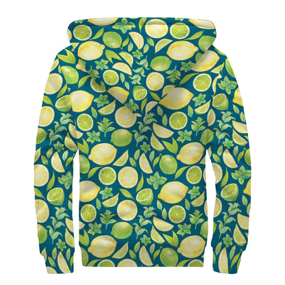 Lime And Lemon Pattern Print Sherpa Lined Zip Up Hoodie
