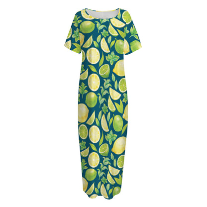Lime And Lemon Pattern Print Short Sleeve Long Nightdress